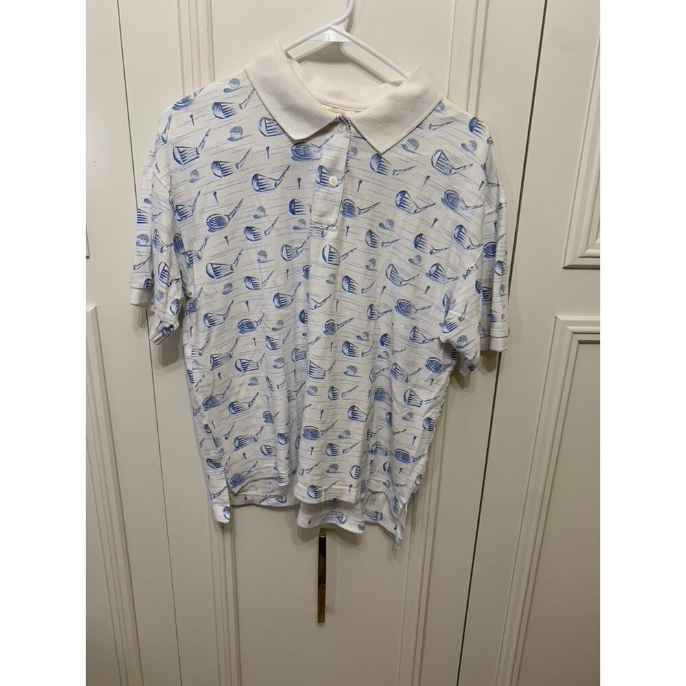 Talbots Women's Polo Shirt Golf Print White Short Sleeve Size Large Casual
